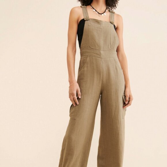 Flat White Linen Cargo Overalls - Picture 1 of 6